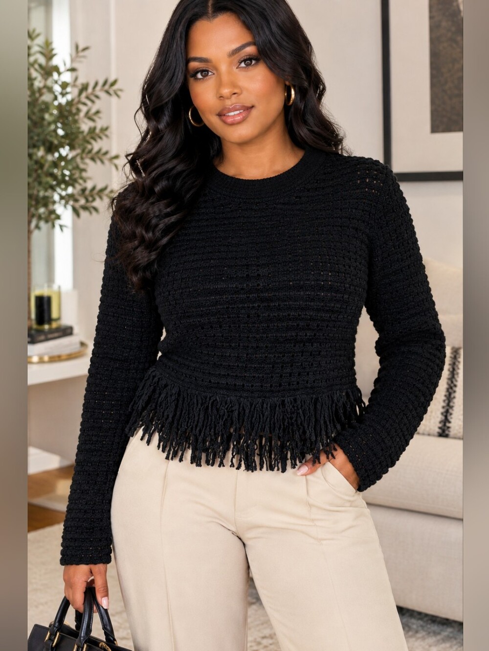 Zara Black Crochet Crewneck Sweater with Fringe Hem Size: M